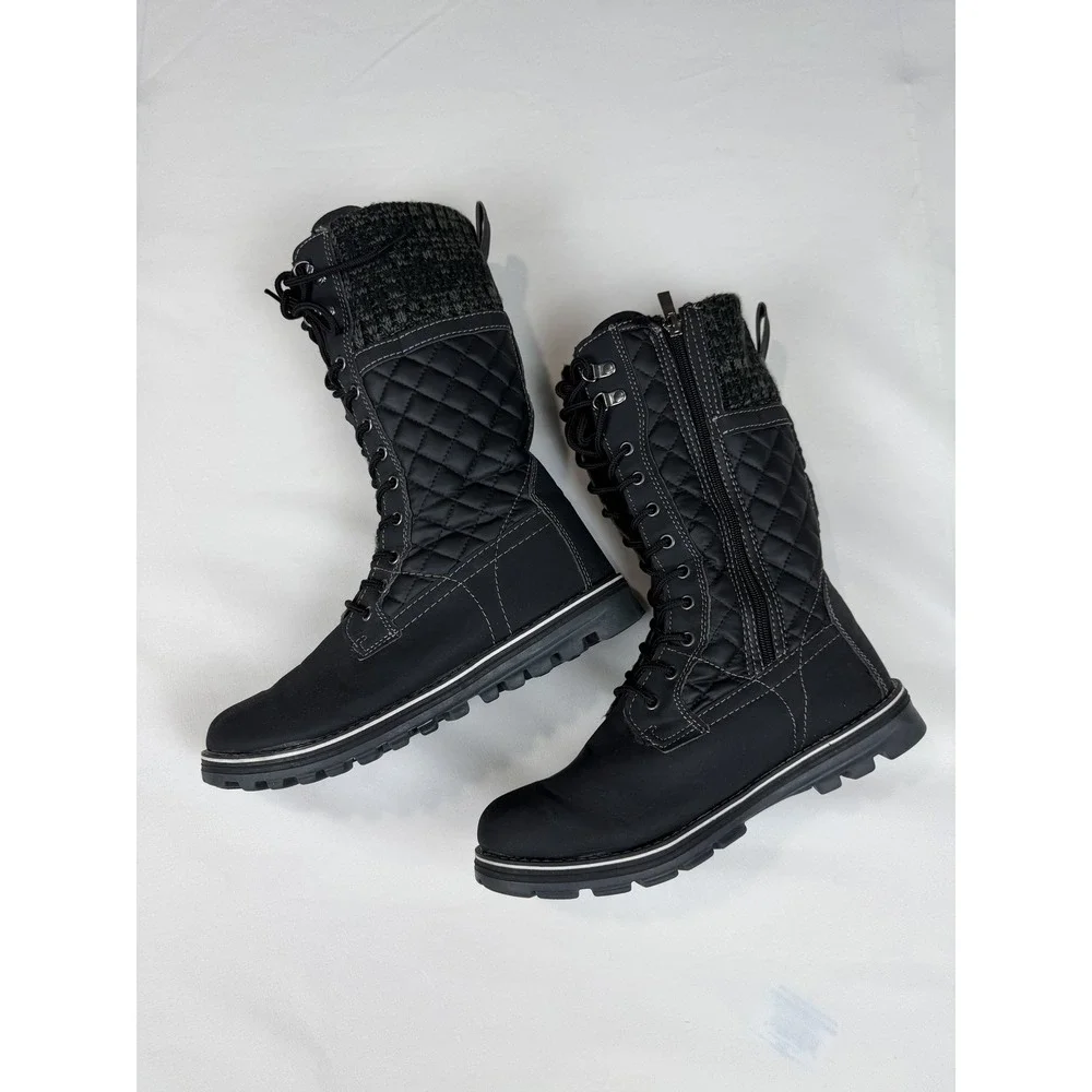 Polar Black Quilted Winter Boots Lace Up Side Zip Faux Fur Trim Womens 10 EU 41